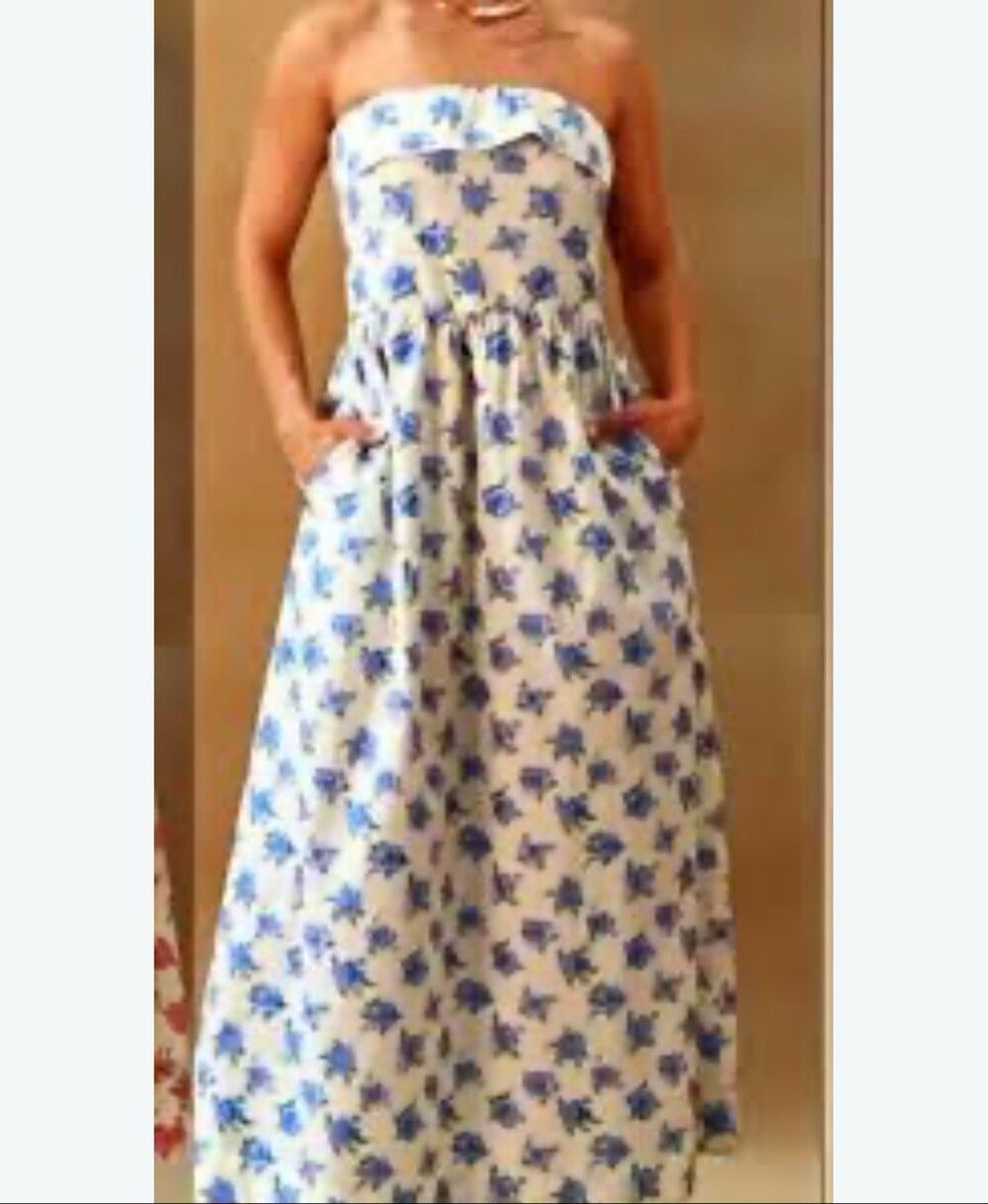 HYFVE Blue Floral Strapless Ruffle Dress With Smocking Size Medium New